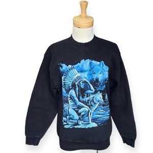 Vintage Ethnic warrior and Fox Unisex Crewneck Sweatshirt, Size Medium